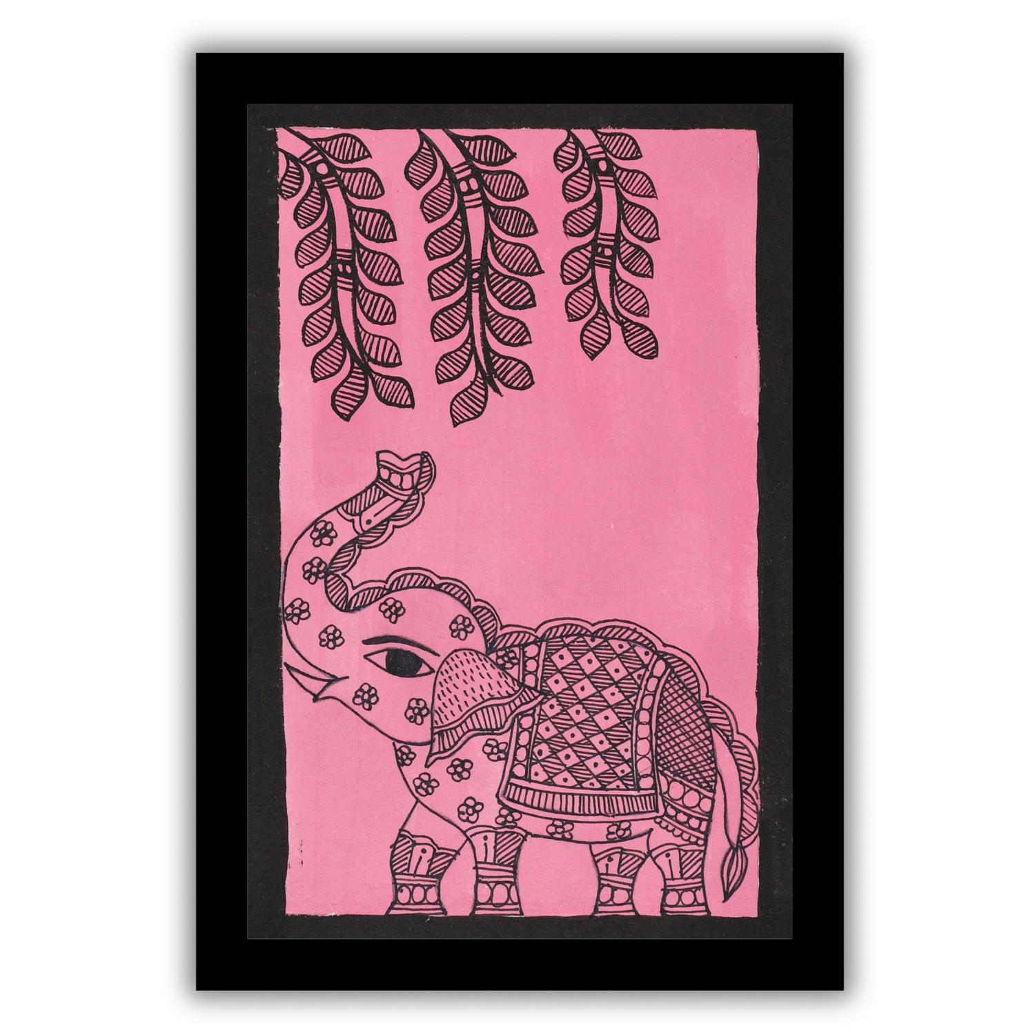 Handmade Madhubani painting with Elephant design, framed and ready to hang – Indian folk art on wall

