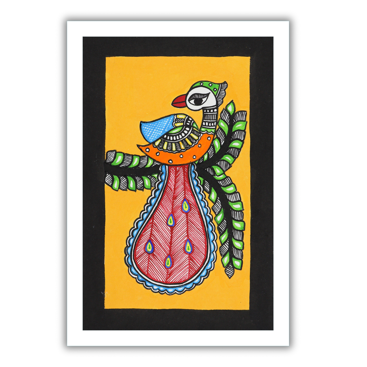 Handmade Madhubani peacock Painting  with white Frame Indian Wall Decor