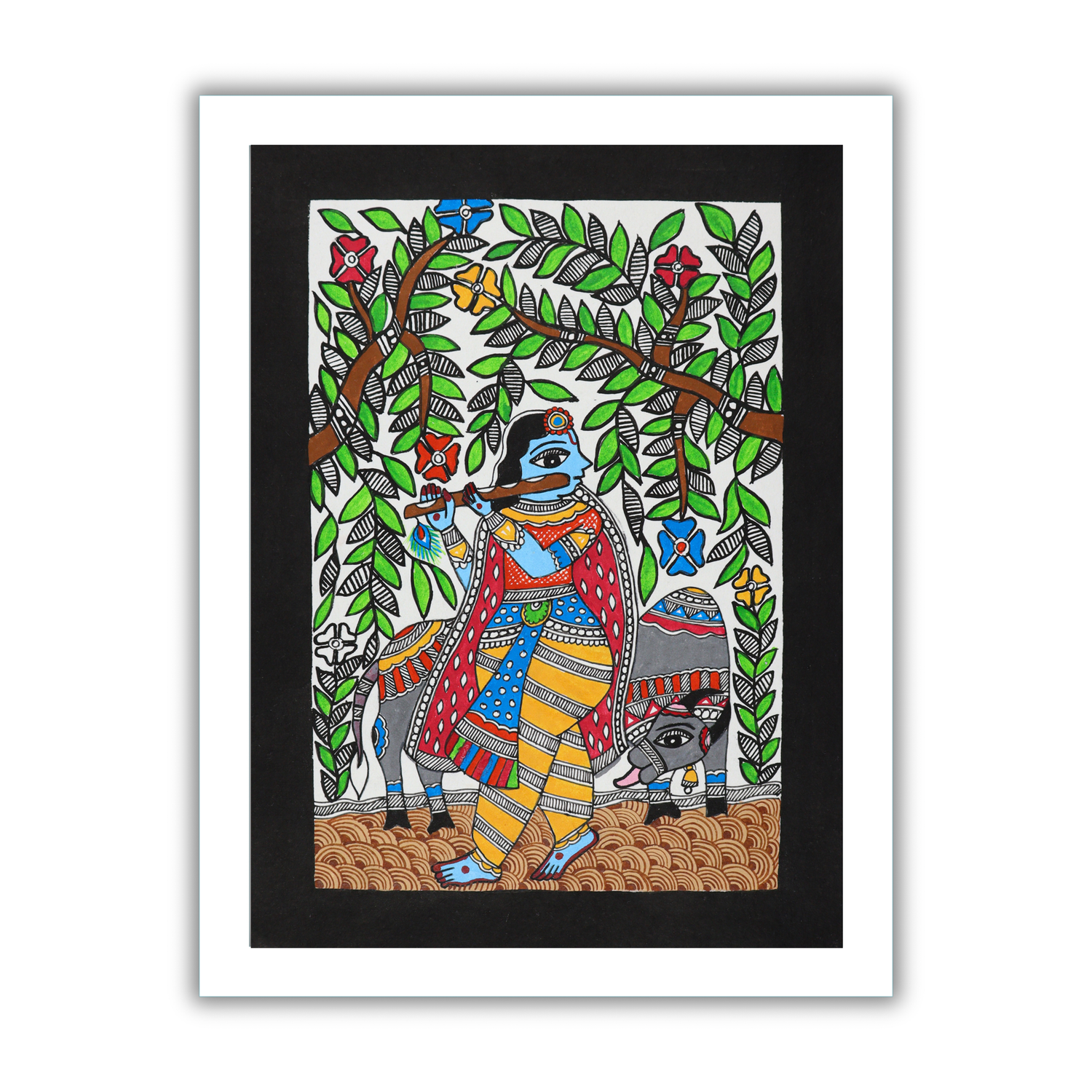 AAKARSHAK Madhubani Painting Handmade Krishna Mithila art Framed Traditional Indian paintings for Wall Living room Home decor Gifts - 12x16 Inch |(WME102)