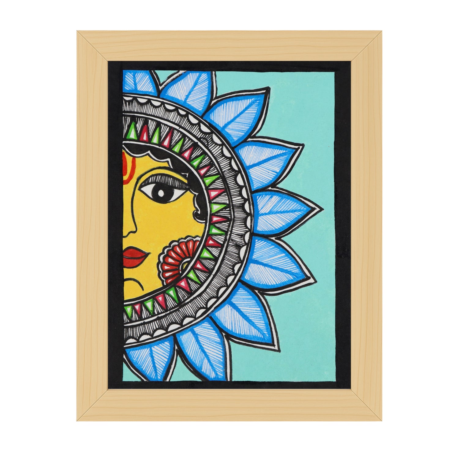 Handmade Madhubani painting with Sun design, framed and ready to hang – Indian folk art on wall
