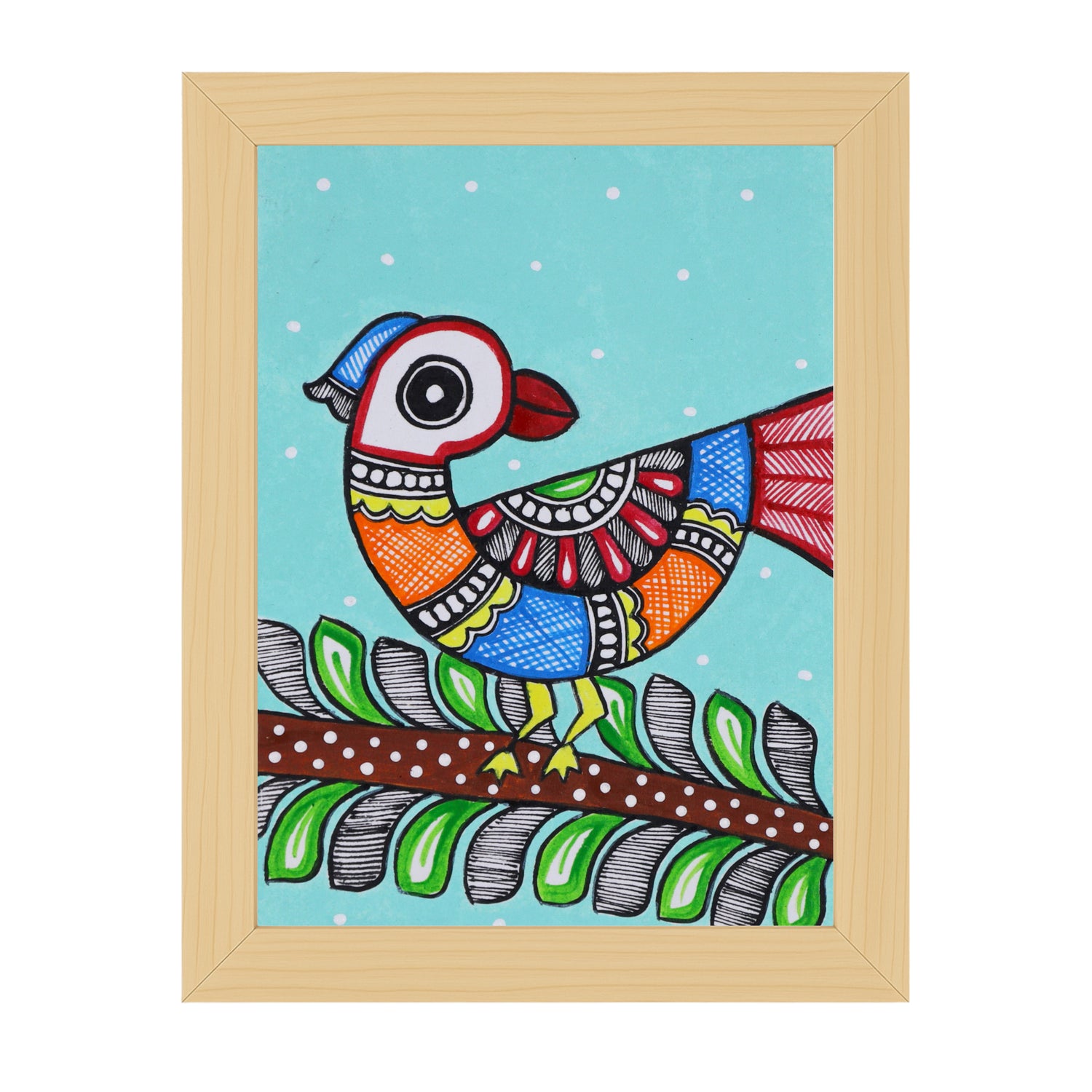 Handmade Madhubani painting with peacock design, framed and ready to hang – Indian folk art on wall
