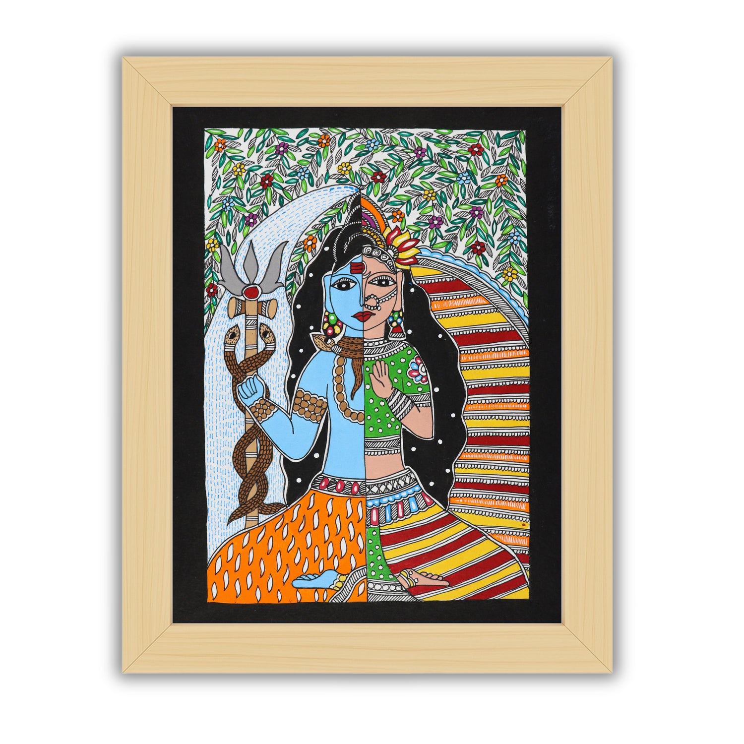 Handmade Madhubani painting with Ardhanarishvara design, framed and ready to hang – Indian folk art on wall
