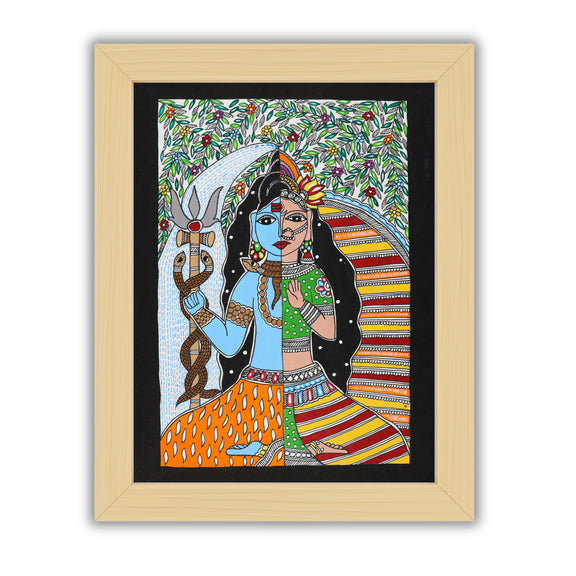 Handmade Madhubani painting with Ardhanarishvara design, framed and ready to hang – Indian folk art on wall
