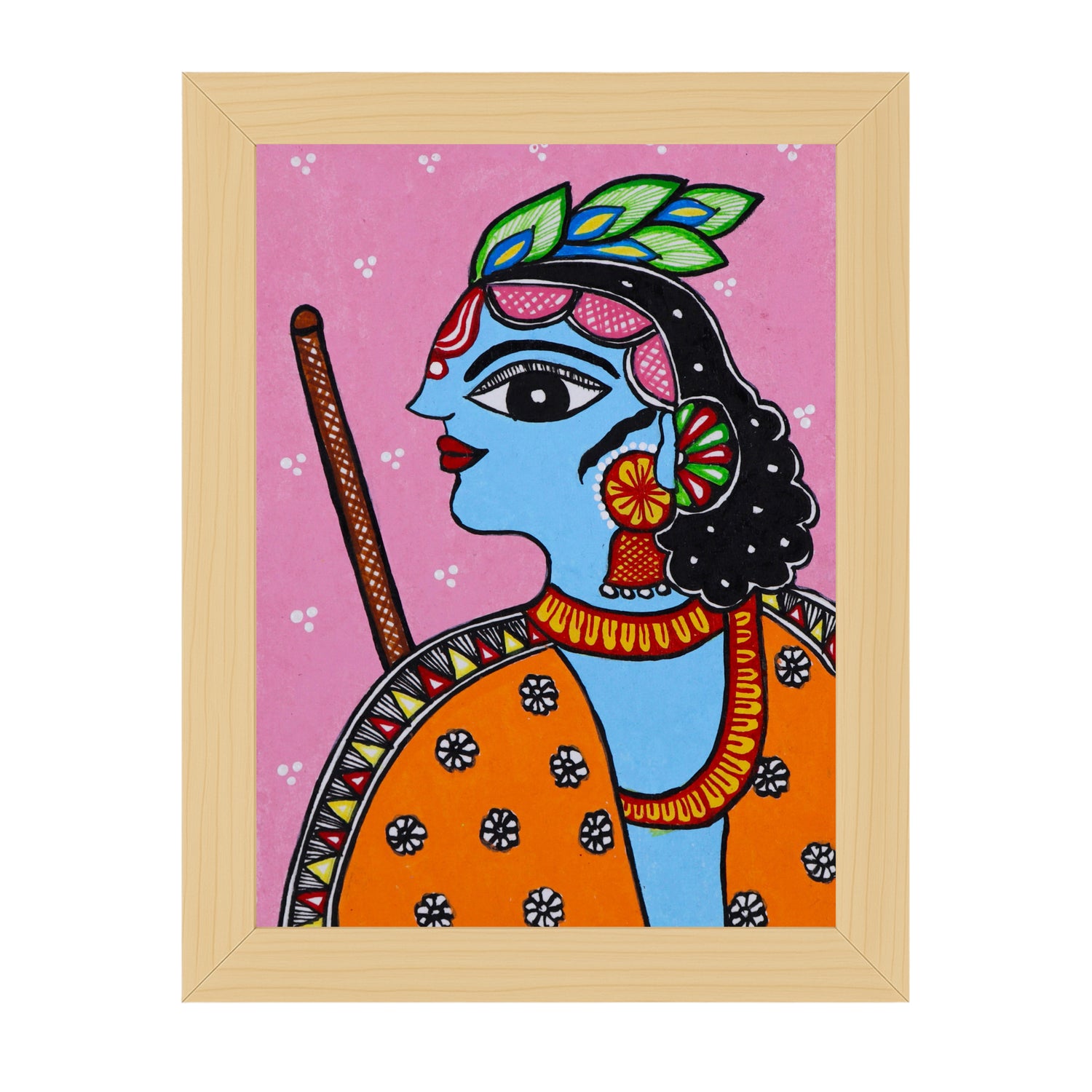 Handmade Madhubani painting with Krishna design, framed and ready to hang – Indian folk art on wall
