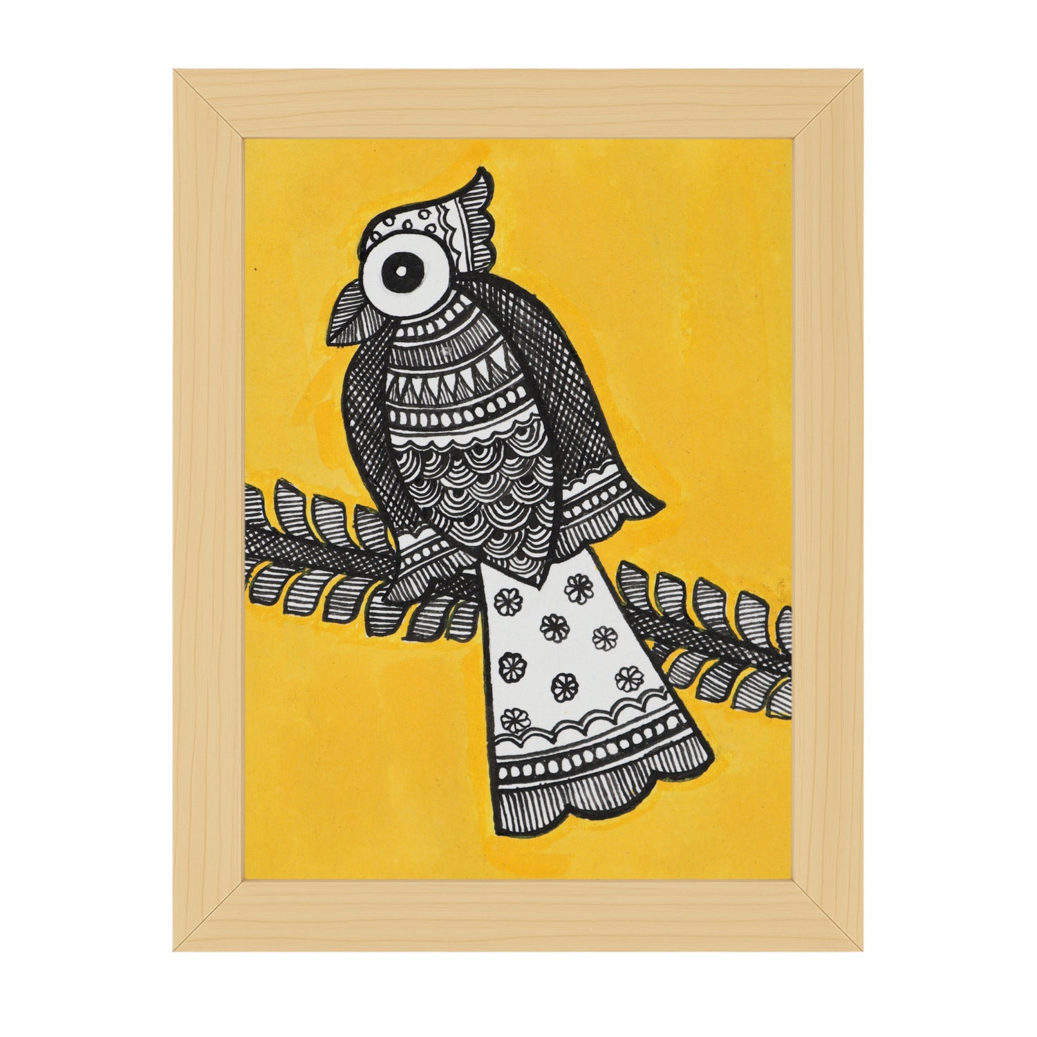 Handmade Madhubani painting with peacock design, framed and ready to hang – Indian folk art on wall
