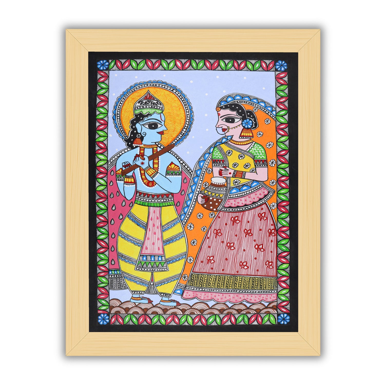 Handmade Madhubani painting with Krishna Radha design, framed and ready to hang – Indian folk art on wall
