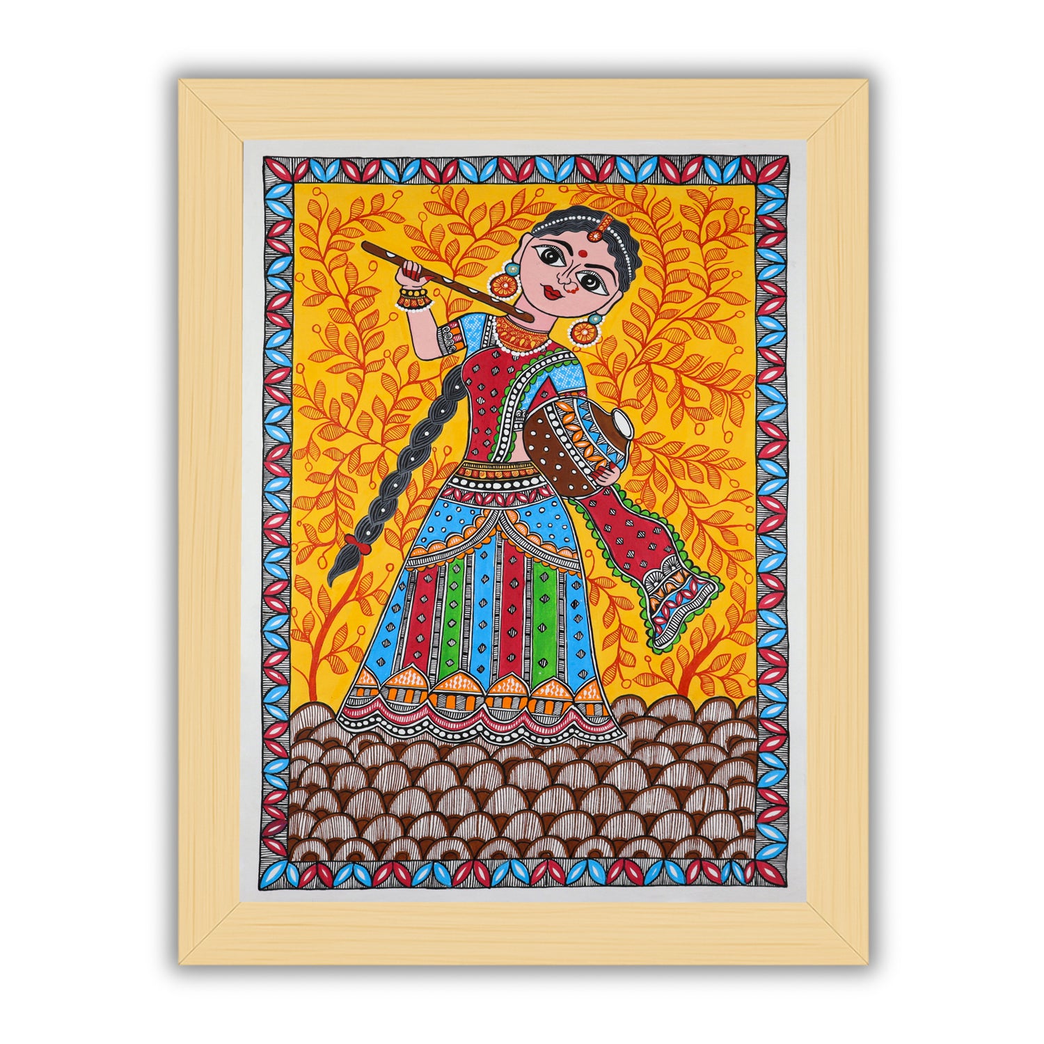 Handmade Madhubani painting with Radha Rani design, framed and ready to hang – Indian folk art on wall
