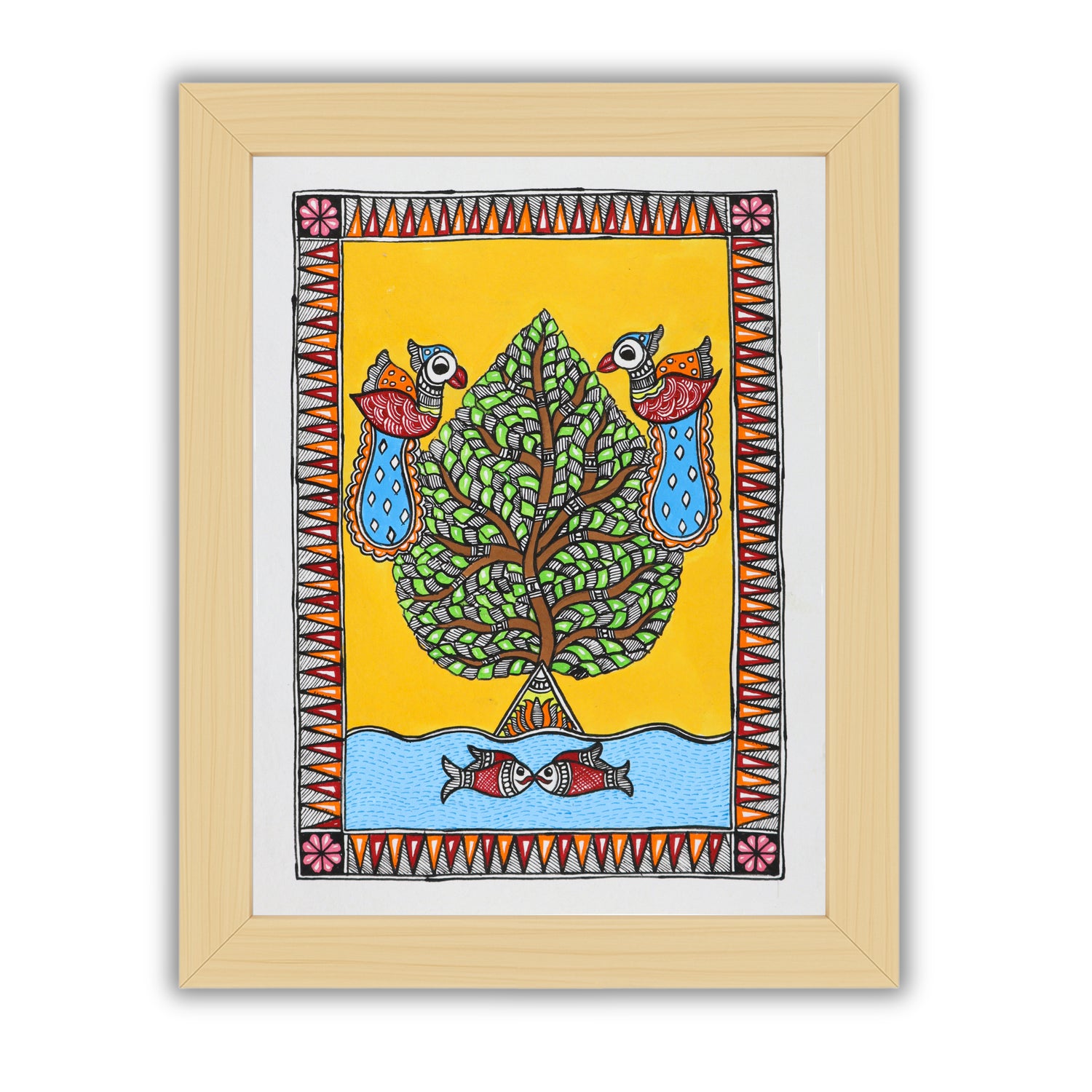 Handmade Madhubani painting with Tree design, framed and ready to hang – Indian folk art on wall
