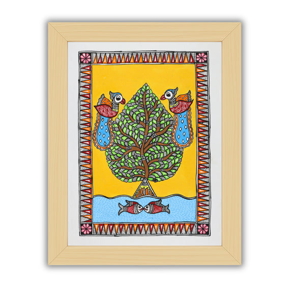 Handmade Madhubani painting with Tree design, framed and ready to hang – Indian folk art on wall
