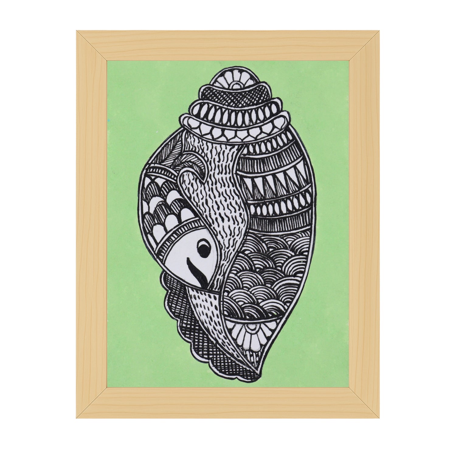 Handmade Madhubani painting with Shankh design, framed and ready to hang – Indian folk art on wall
