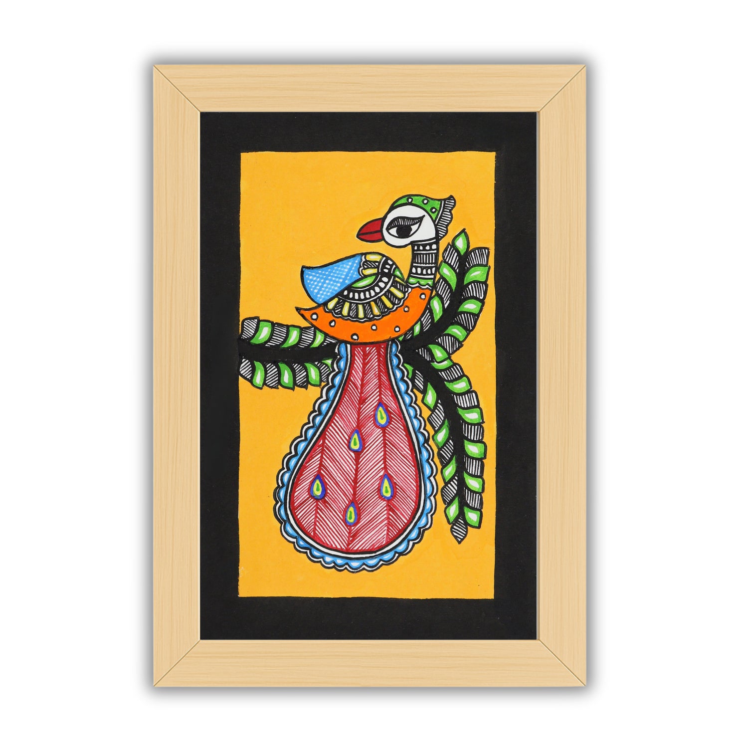 Handmade Madhubani painting with peacock design, framed and ready to hang – Indian folk art on wall
