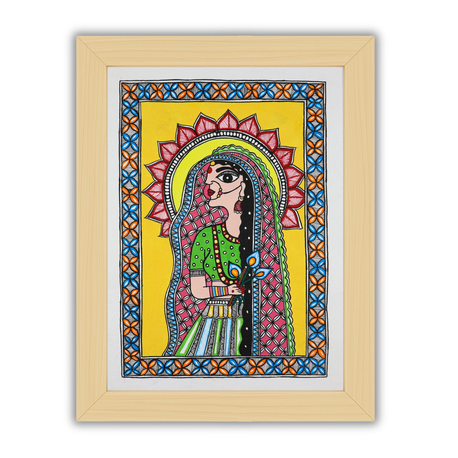 Handmade Madhubani painting with Radha design, framed and ready to hang – Indian folk art on wall
