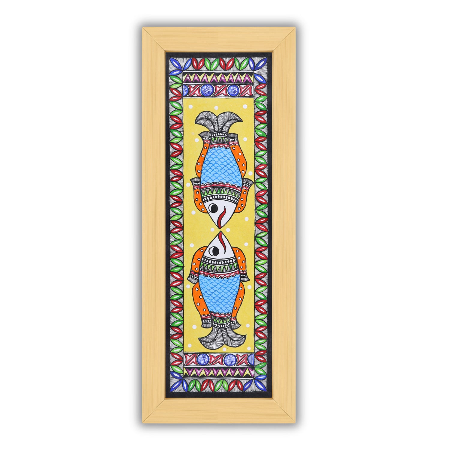 Handmade Madhubani painting with Fish design, framed and ready to hang – Indian folk art on wall
