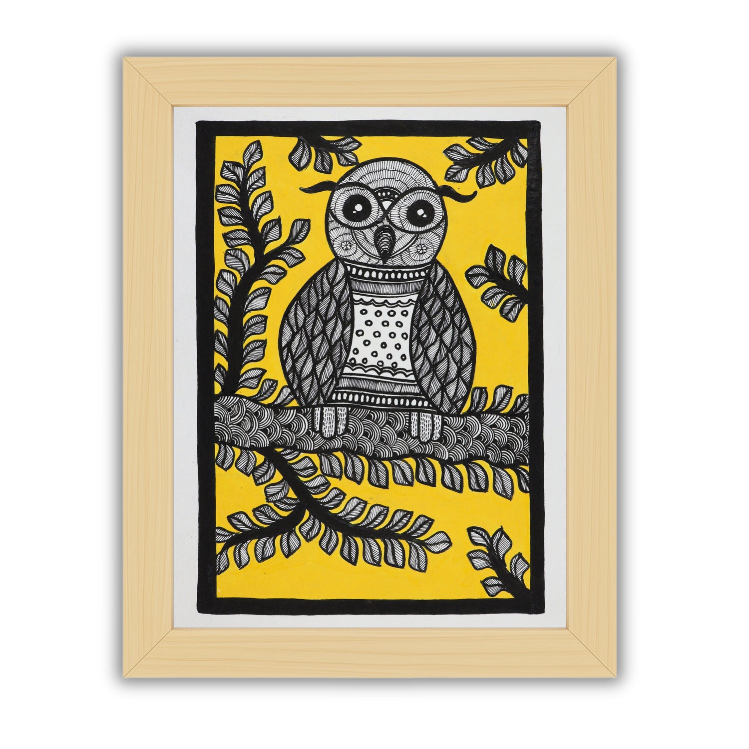 Handmade Madhubani painting with Owl design, framed and ready to hang – Indian folk art on wall
