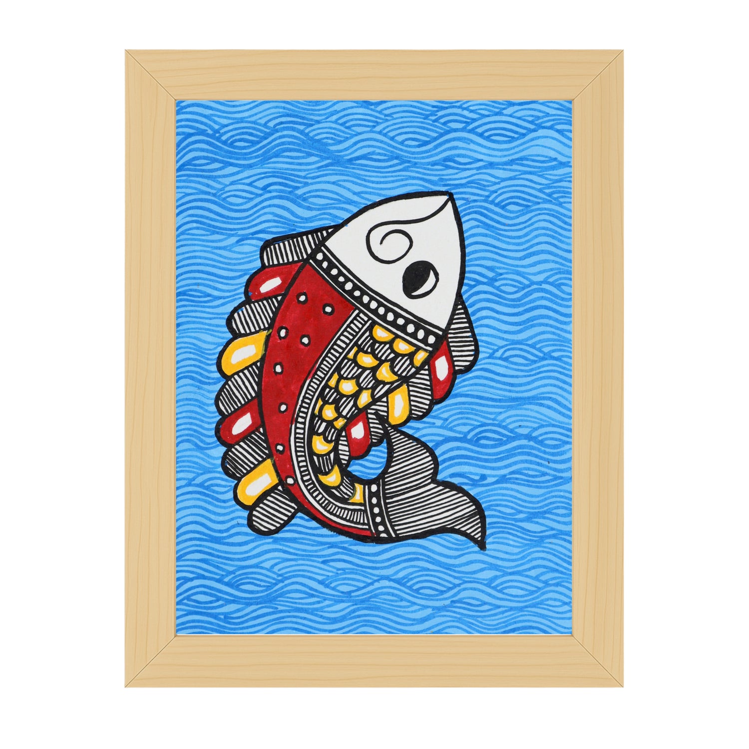 Handmade Madhubani painting with Fish design, framed and ready to hang – Indian folk art on wall
