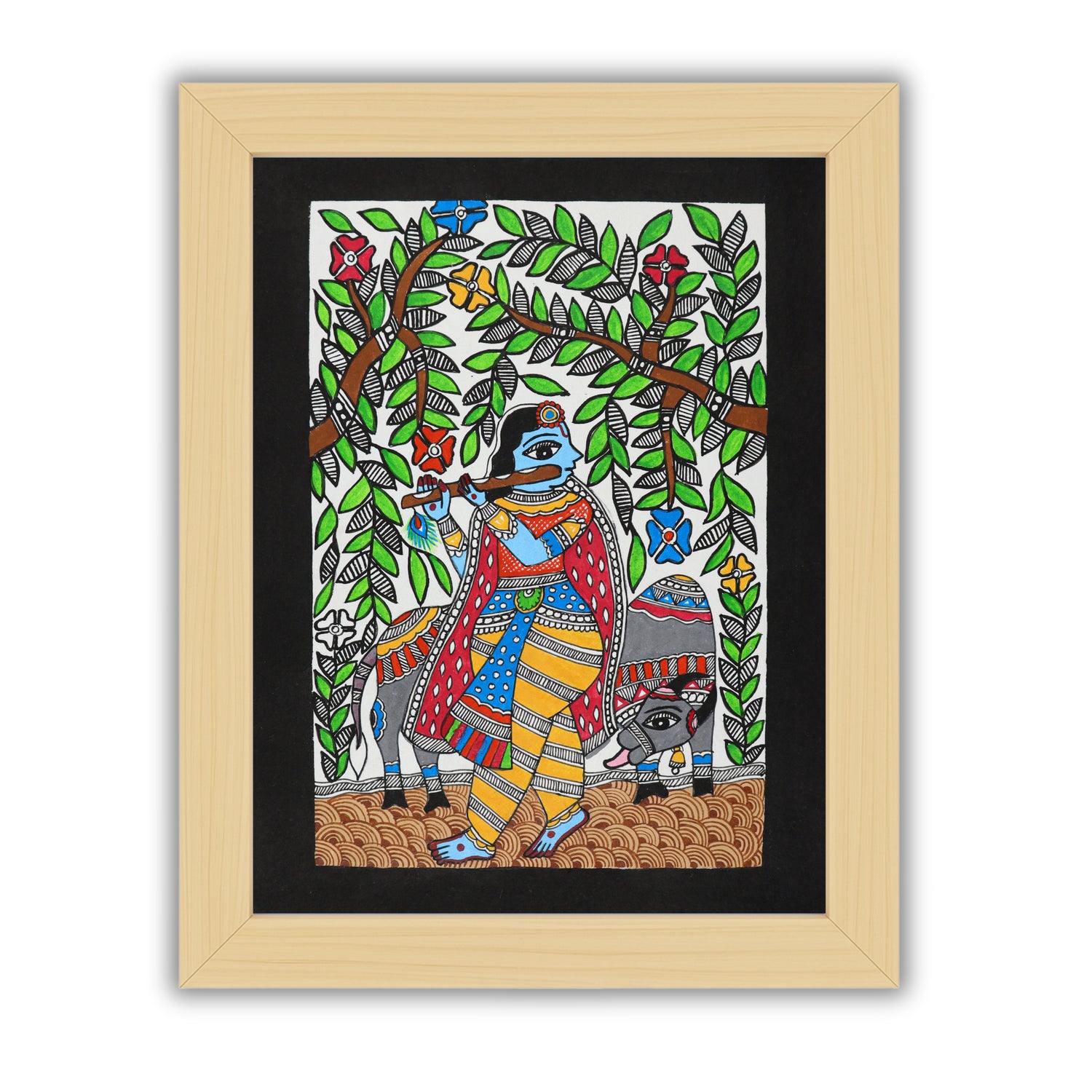 Handmade Madhubani painting with Krishna design, framed and ready to hang – Indian folk art on wall
