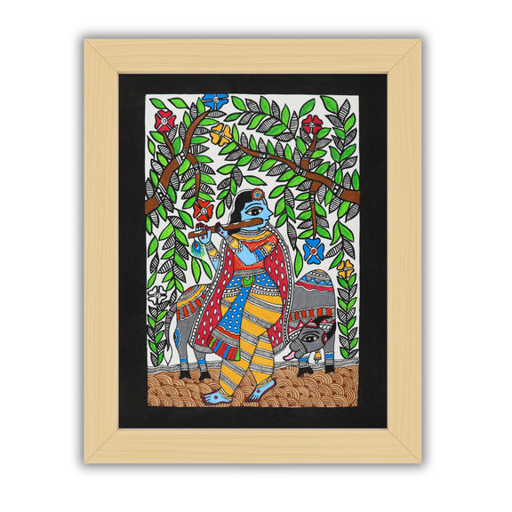 Handmade Madhubani painting with Krishna design, framed and ready to hang – Indian folk art on wall
