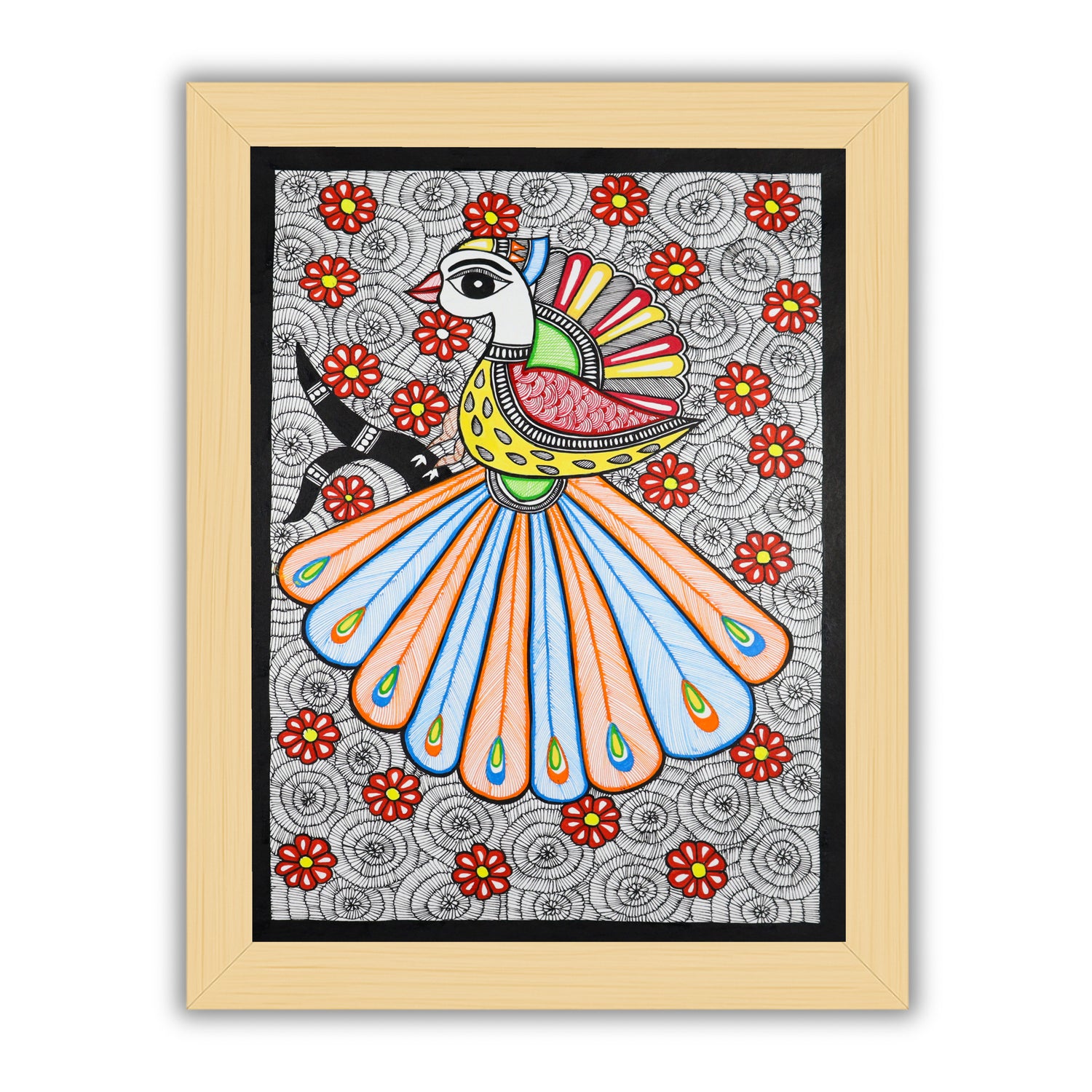Handmade Madhubani painting with peacock design, framed and ready to hang – Indian folk art on wall
