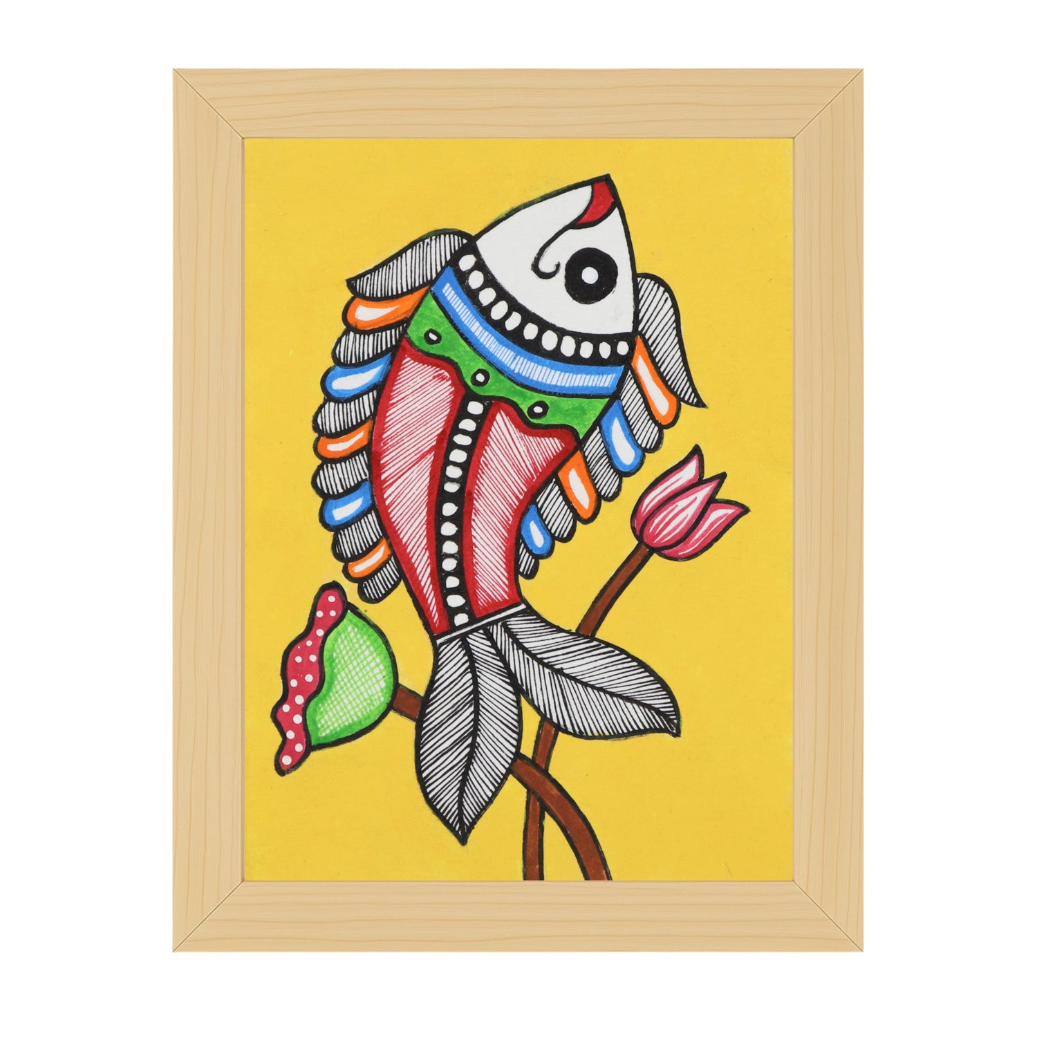 Handmade Madhubani painting with Fish design, framed and ready to hang – Indian folk art on wall
