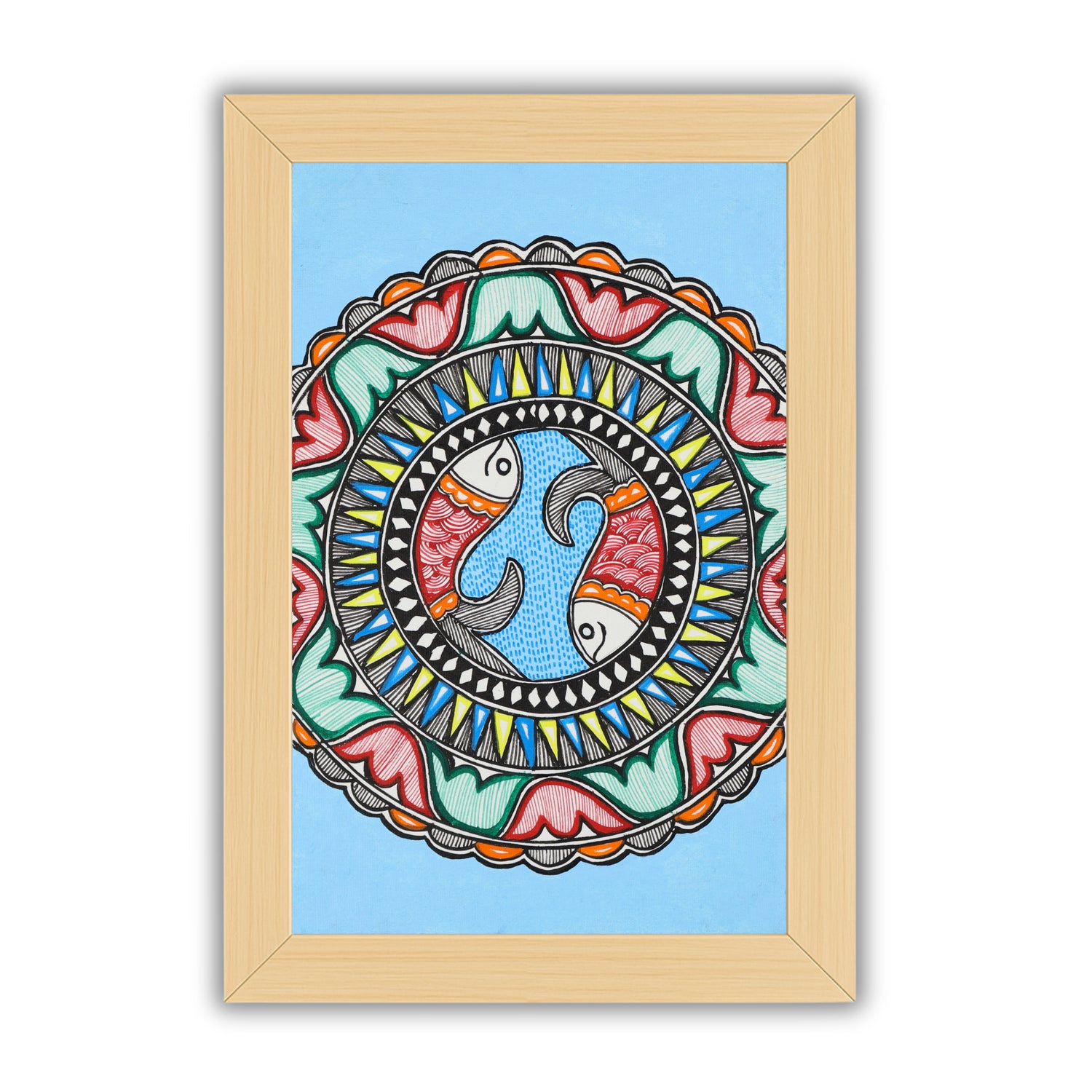 Handmade Madhubani painting with Fish  design, framed and ready to hang – Indian folk art on wall
