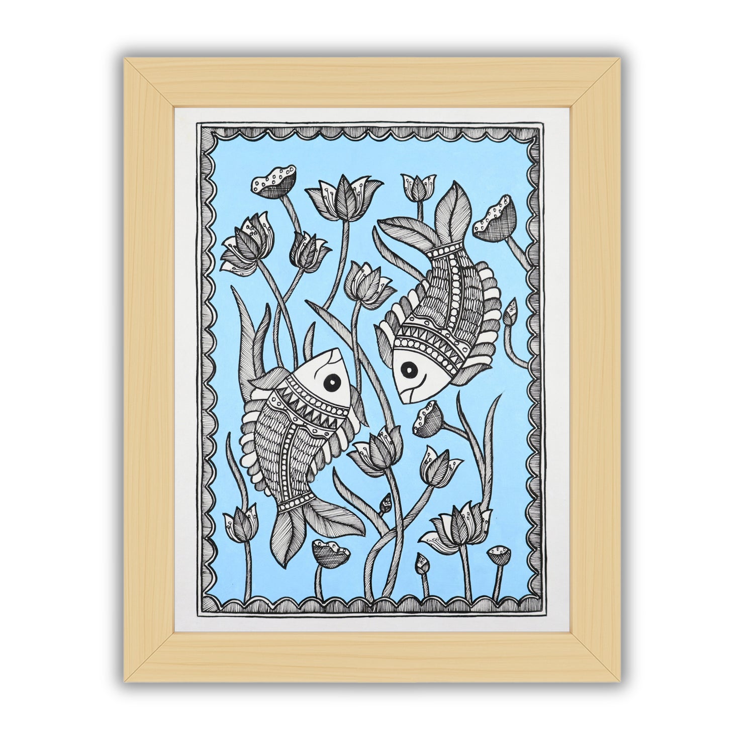 Handmade Madhubani painting with Fish design, framed and ready to hang – Indian folk art on wall
