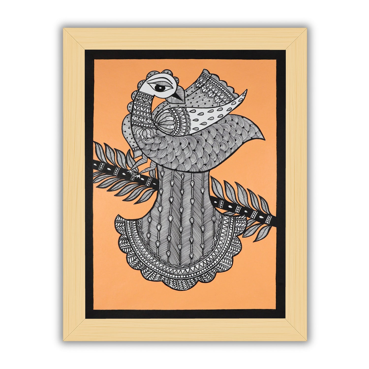 Handmade Madhubani painting with peacock design, framed and ready to hang – Indian folk art on wall
