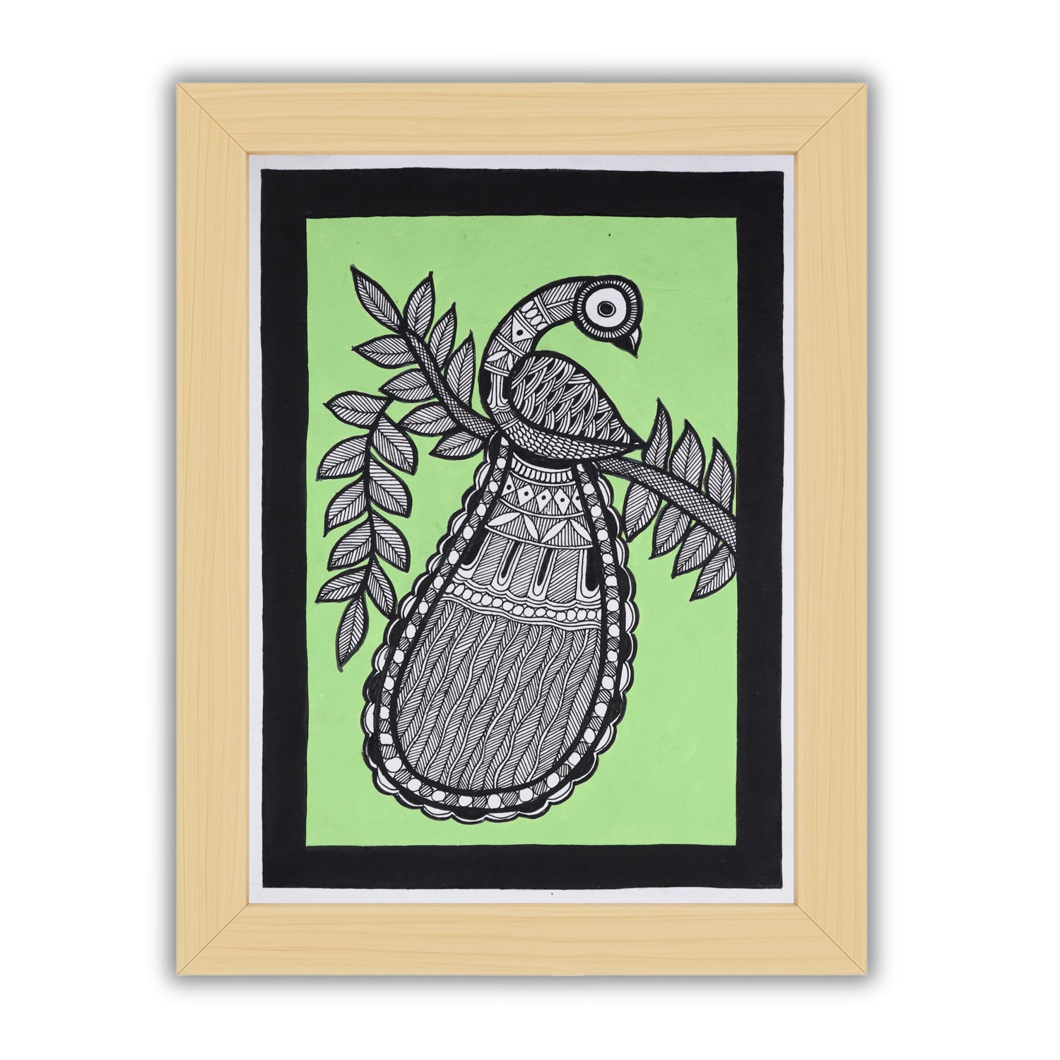 Handmade Madhubani painting with peacock design, framed and ready to hang – Indian folk art on wall
