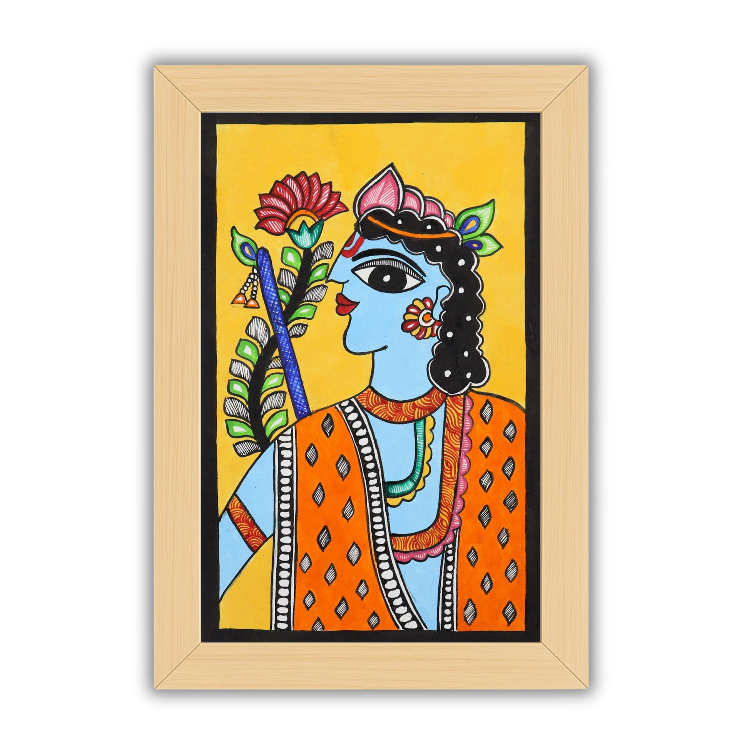 Handmade Madhubani painting with Krishna design, framed and ready to hang – Indian folk art on wall
