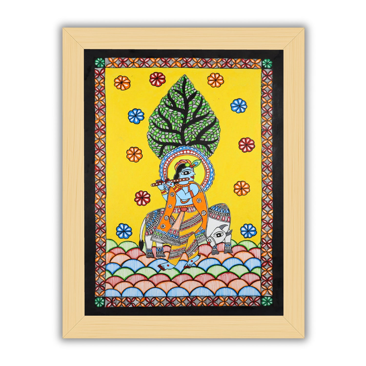 Handmade Madhubani painting with Krishna design, framed and ready to hang – Indian folk art on wall
