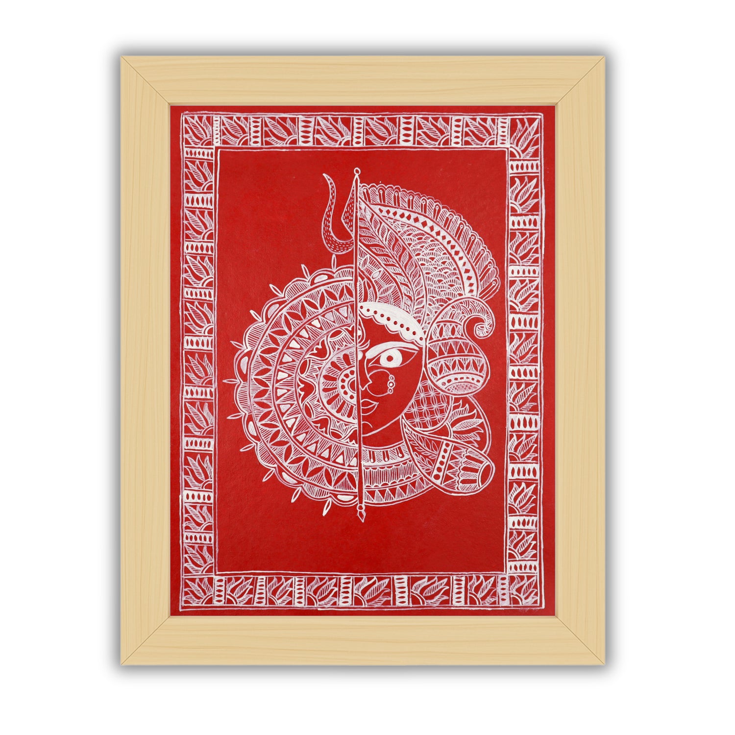 Handmade Madhubani painting with Durga design, framed and ready to hang – Indian folk art on wall
