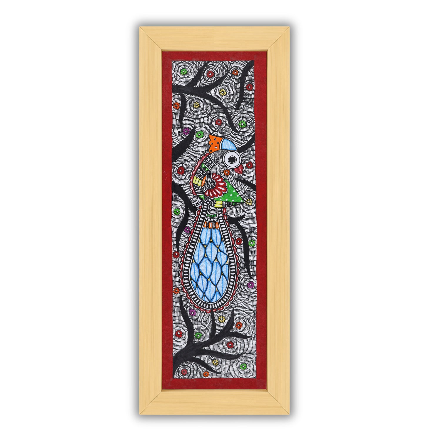 Handmade Madhubani painting with peacock design, framed and ready to hang – Indian folk art on wall
