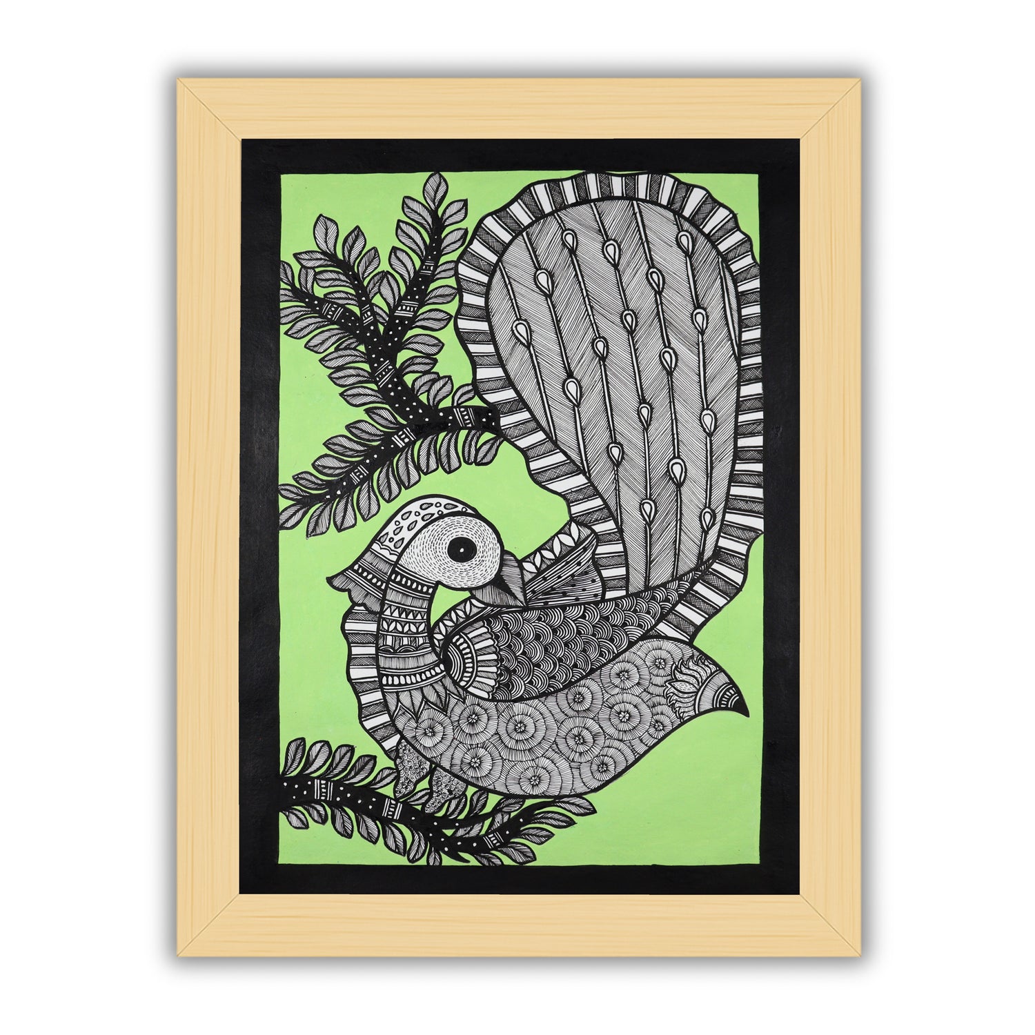Handmade Madhubani painting with peacock design, framed and ready to hang – Indian folk art on wall
