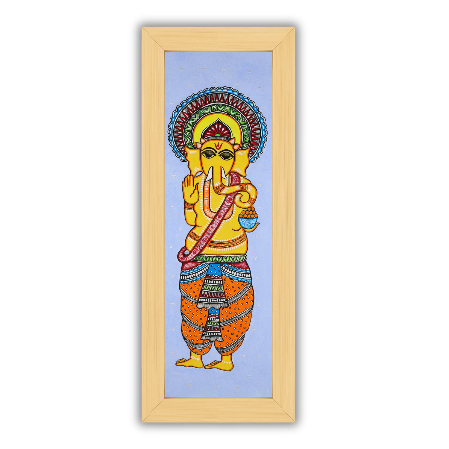 Handmade Madhubani painting with Ganesha design, framed and ready to hang – Indian folk art on wall
