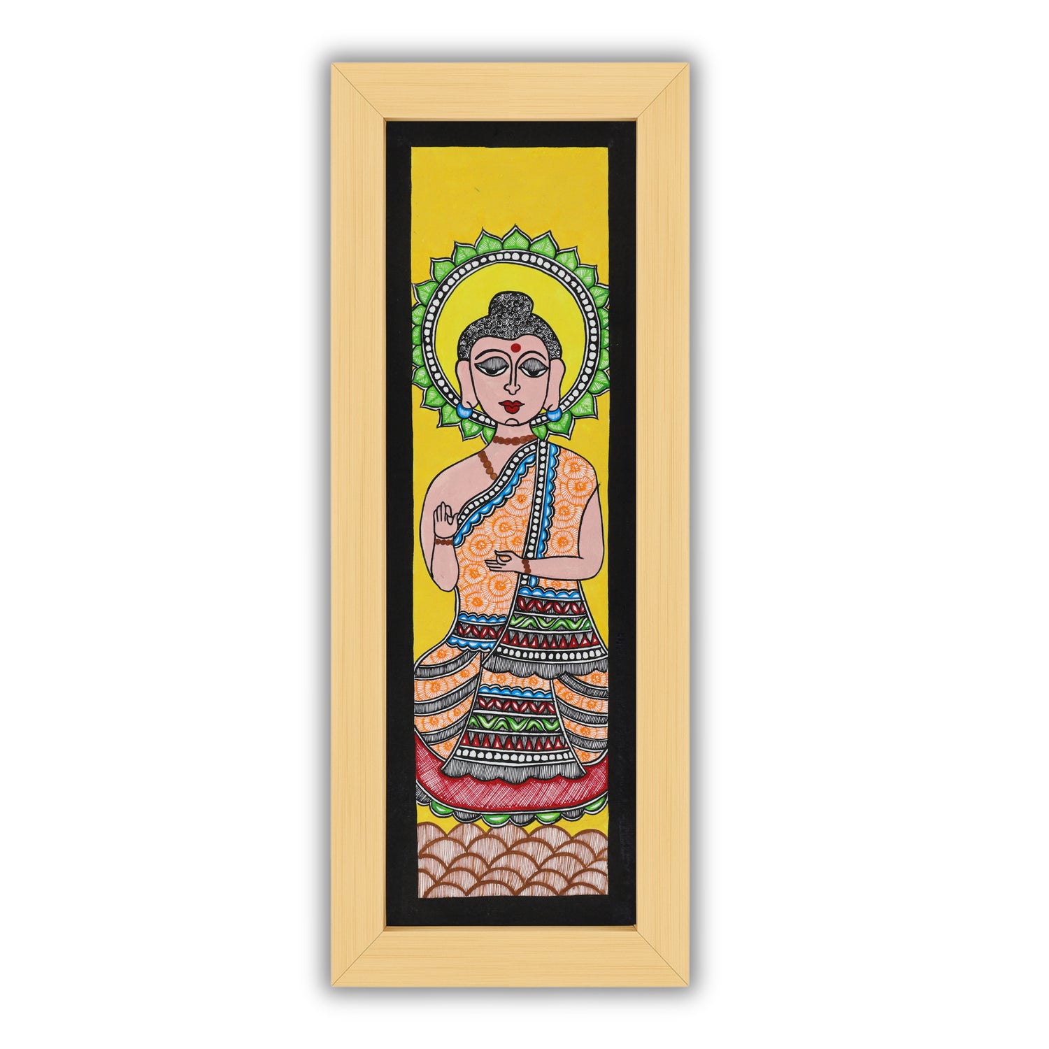 Handmade Madhubani painting with Buddha design, framed and ready to hang – Indian folk art on wall
