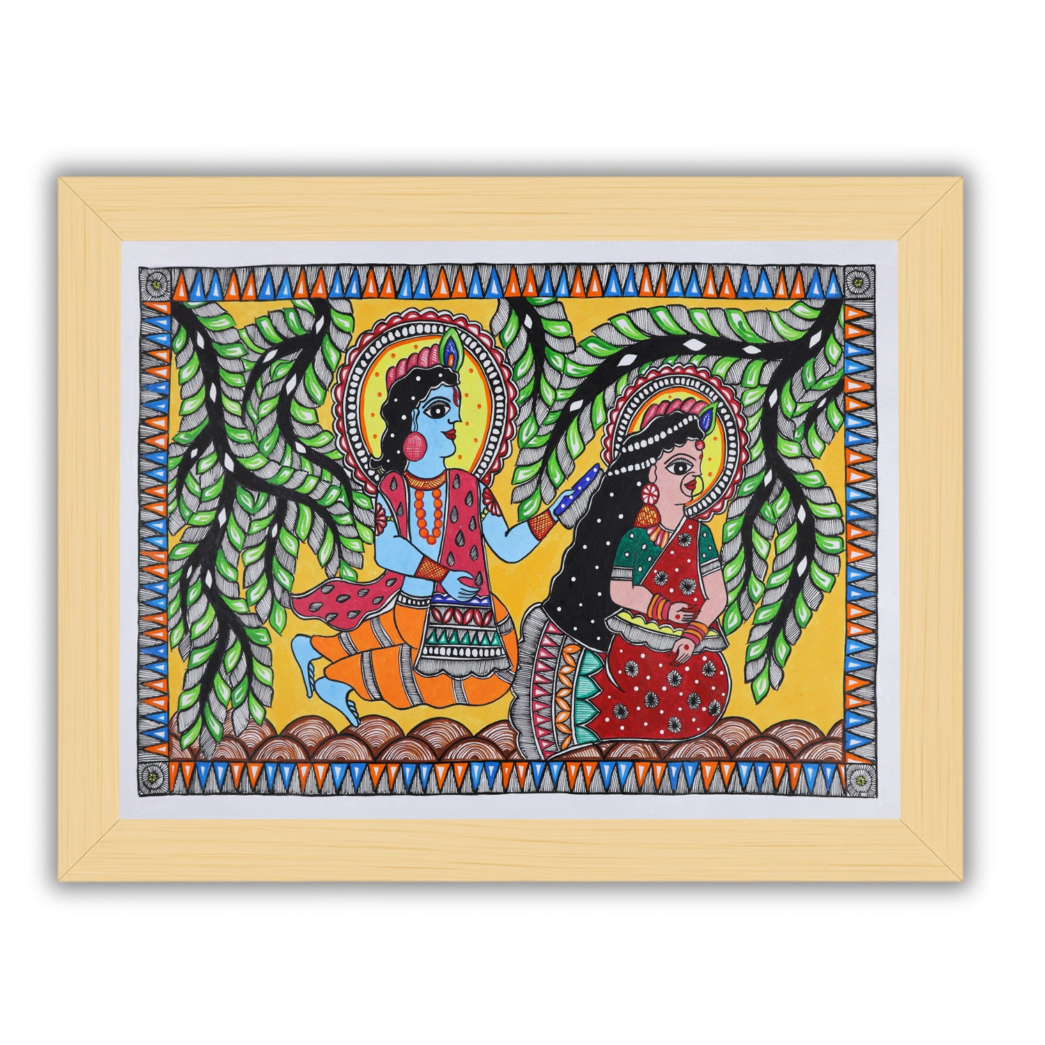 Handmade Madhubani painting with Krishna Radha design, framed and ready to hang – Indian folk art on wall

