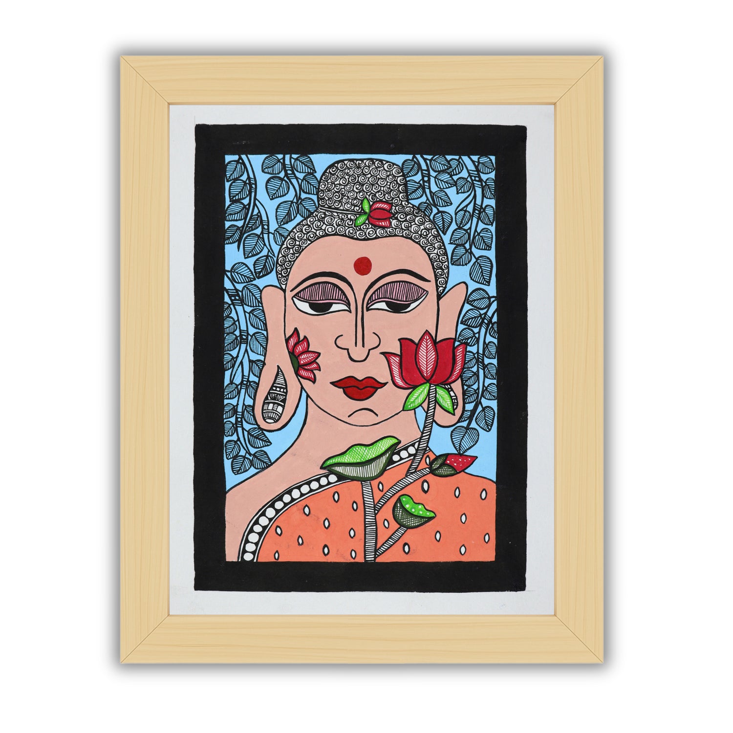 Handmade Madhubani painting with Buddha design, framed and ready to hang – Indian folk art on wall
