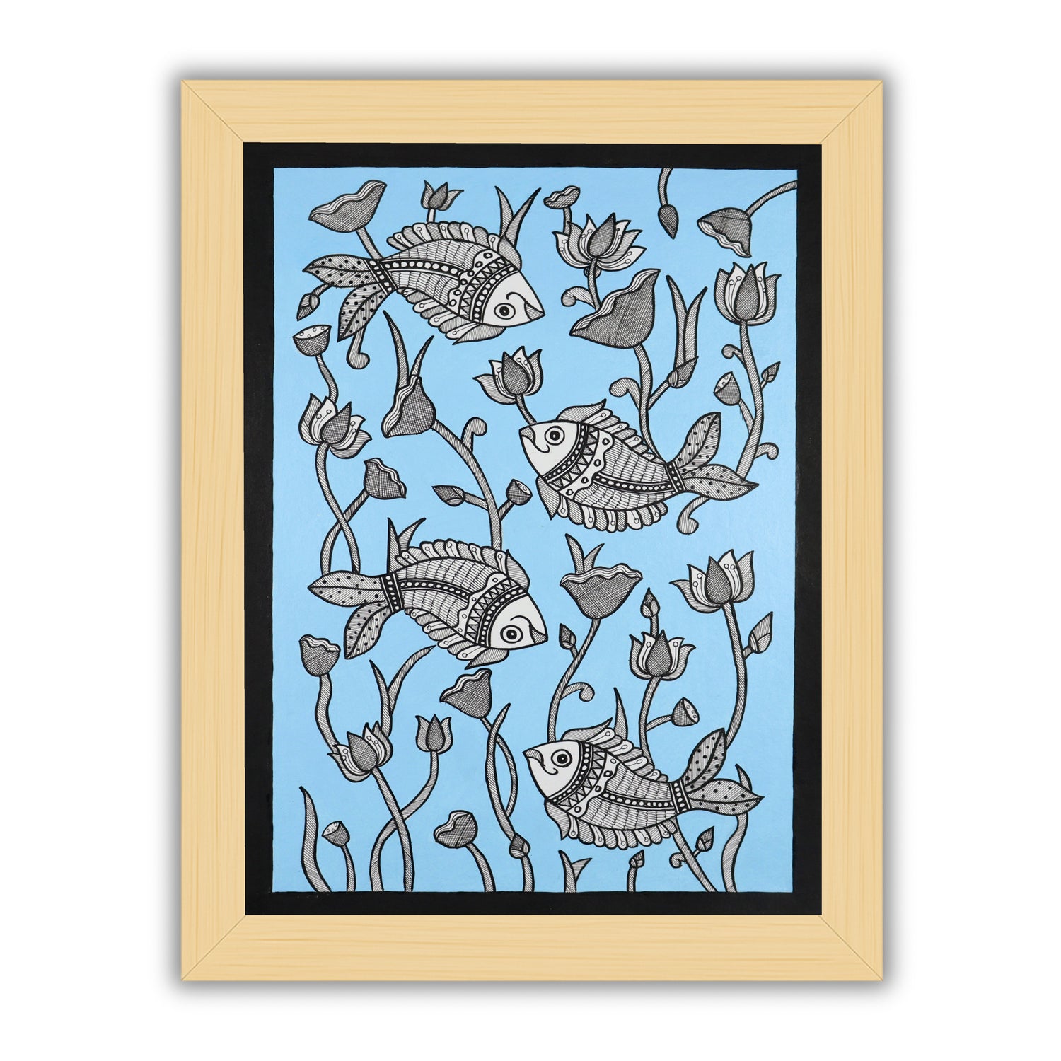 Handmade Madhubani painting with Fish design, framed and ready to hang – Indian folk art on wall
