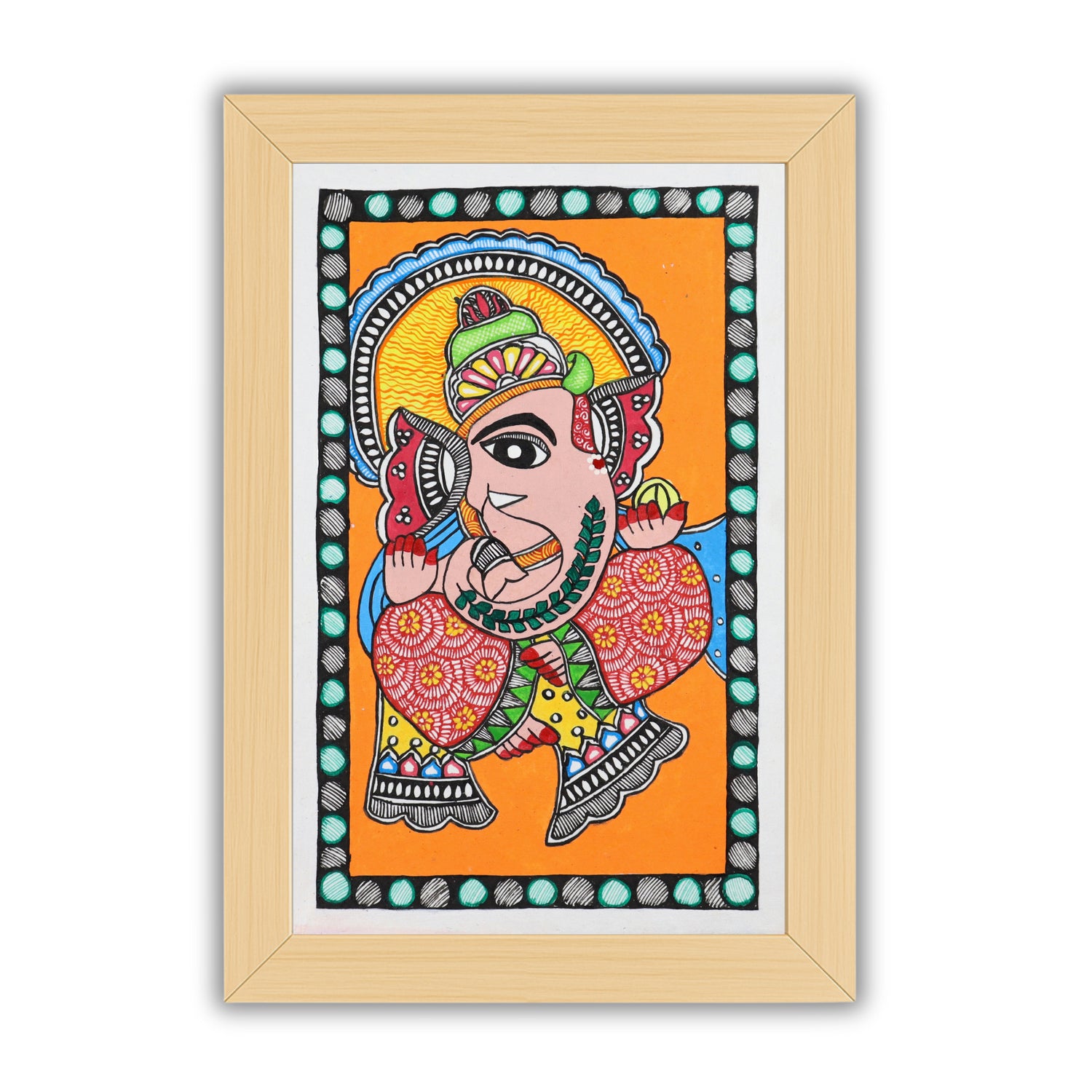 Handmade Madhubani painting with Ganesha design, framed and ready to hang – Indian folk art on wall
