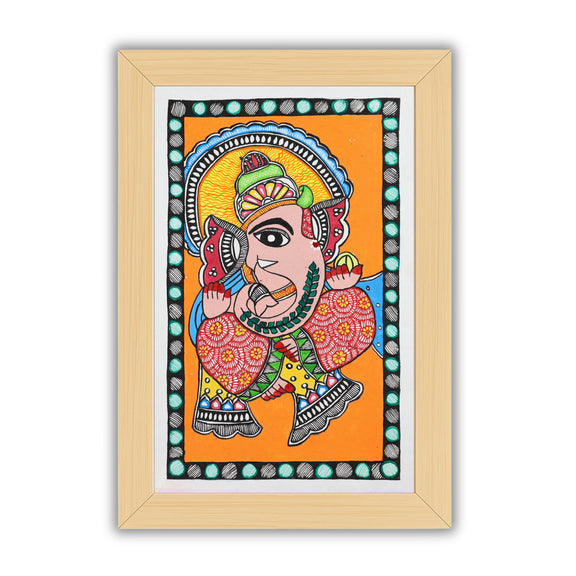 Handmade Madhubani painting with Ganesha design, framed and ready to hang – Indian folk art on wall

