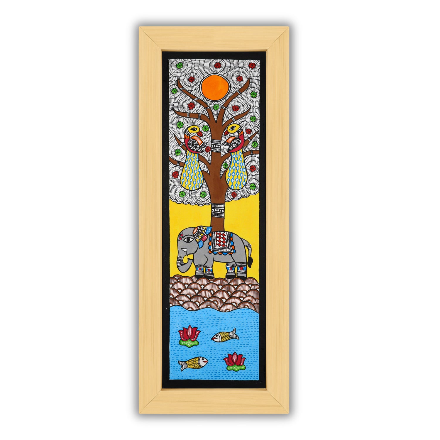Handmade Madhubani painting with Elephant design, framed and ready to hang – Indian folk art on wall
