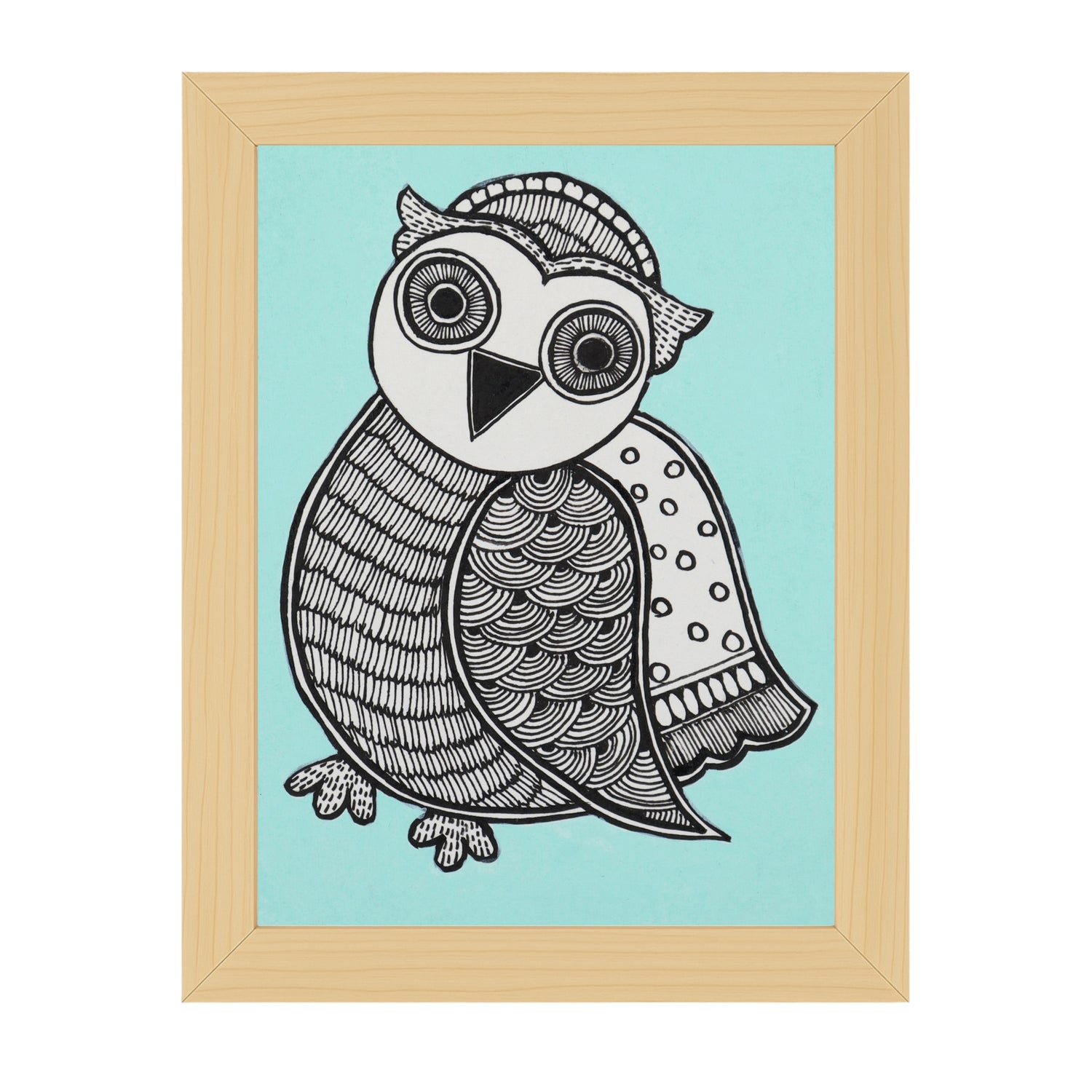 Handmade Madhubani painting with Owl design, framed and ready to hang – Indian folk art on wall
