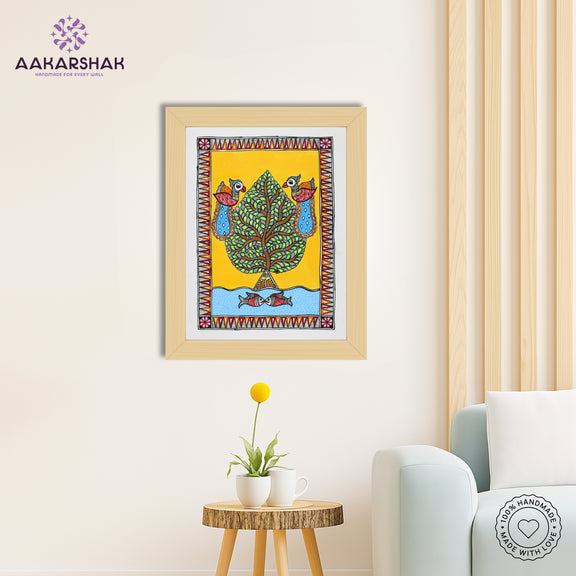 Traditional Indian wall painting displayed in modern home interior setting
