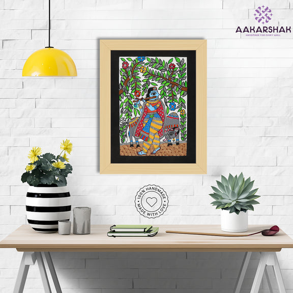 Madhubani wall art displayed in home interior – classic Indian folk painting
