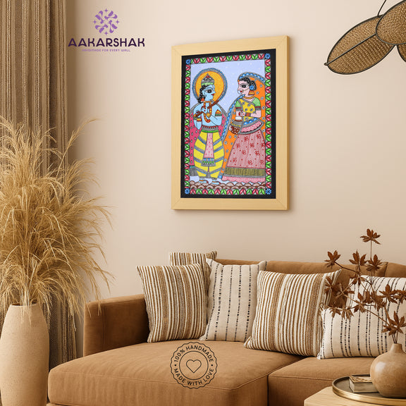 Traditional Indian wall painting displayed in modern home interior setting
