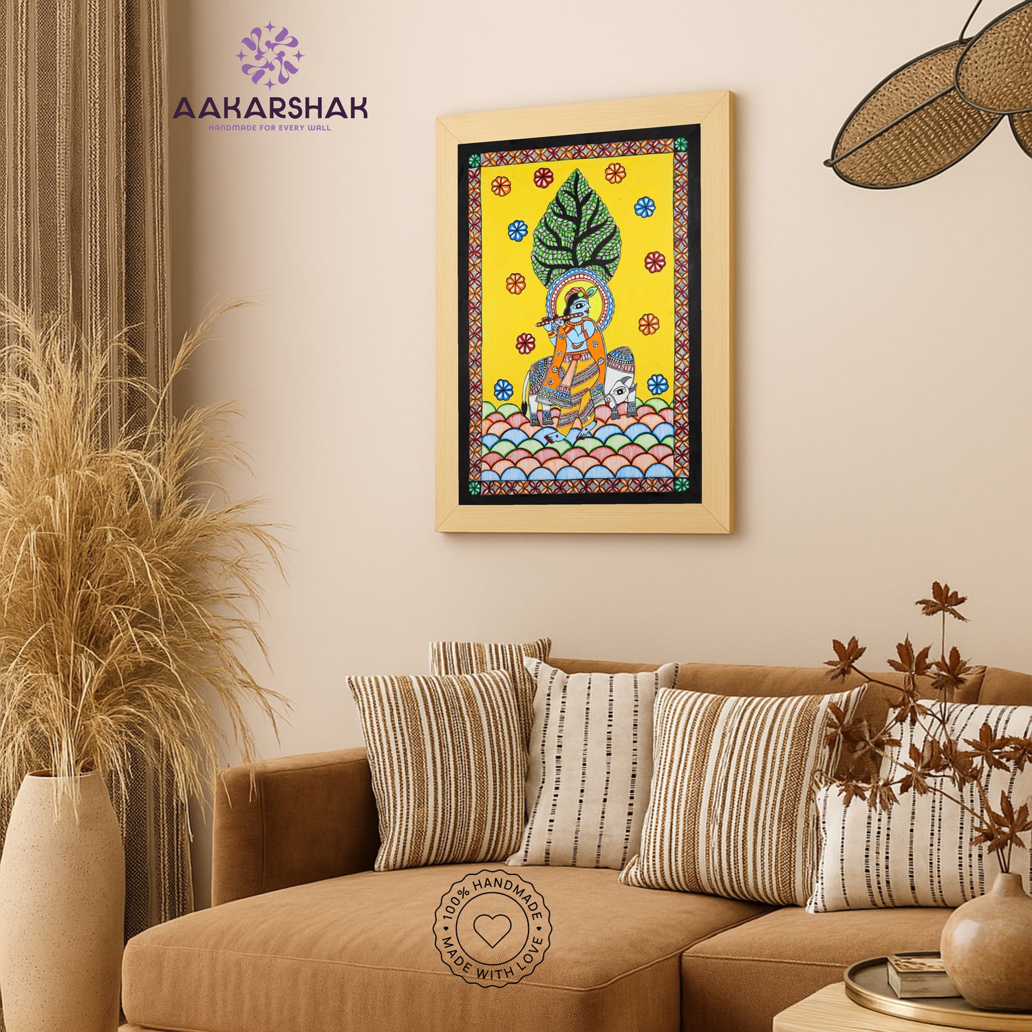Traditional Indian wall painting displayed in modern home interior setting
