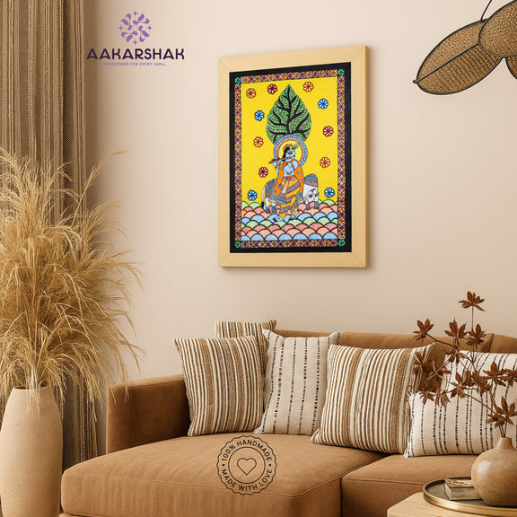 Traditional Indian wall painting displayed in modern home interior setting
