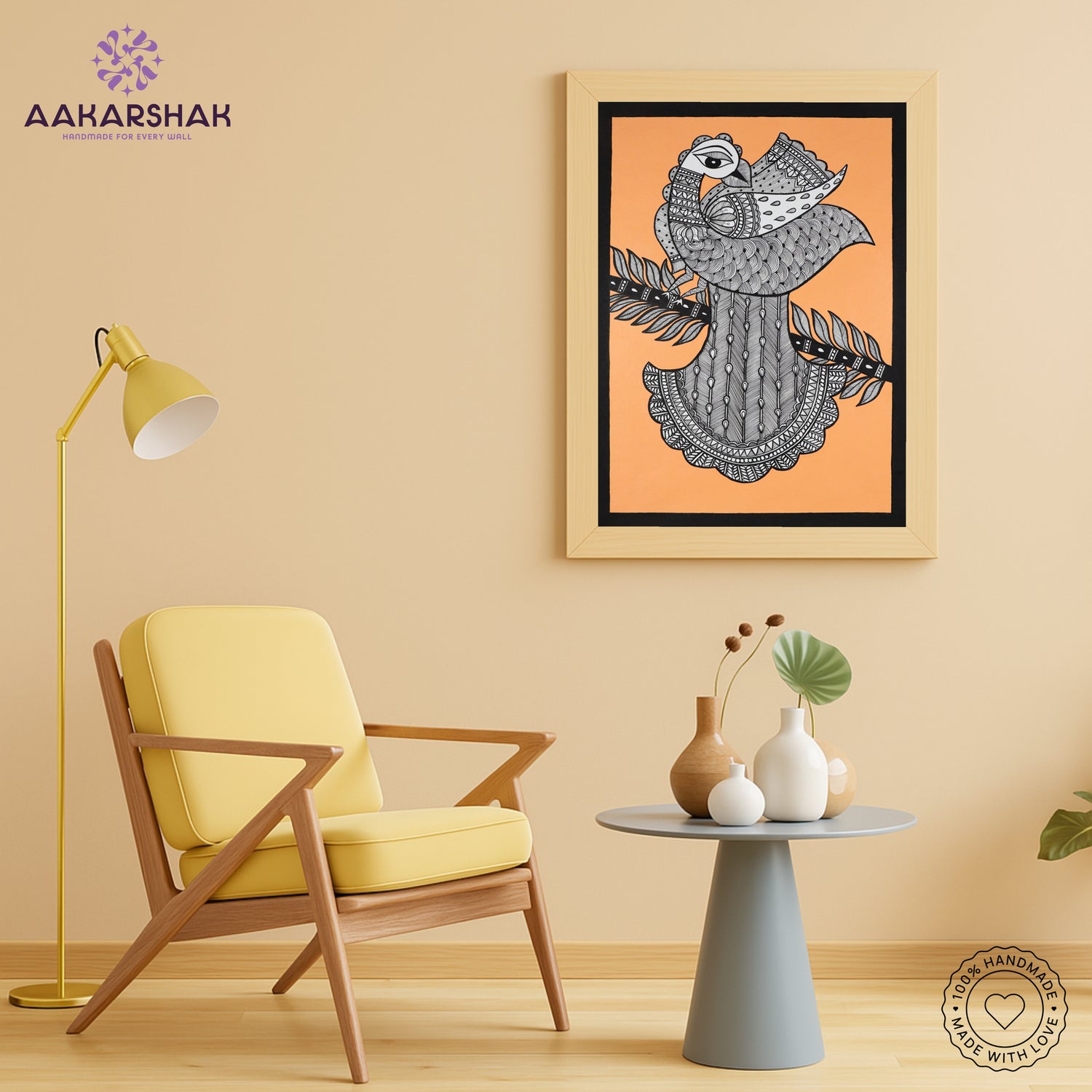 Traditional Indian wall painting displayed in modern home interior setting
