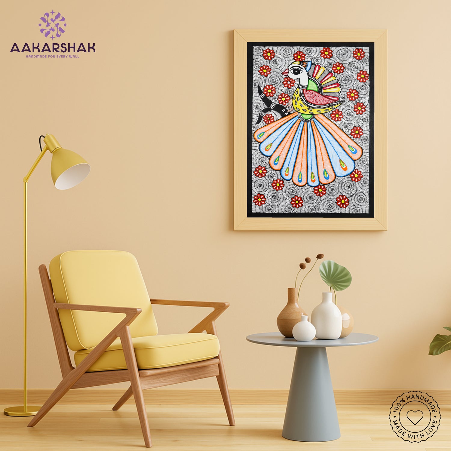 Traditional Indian wall painting displayed in modern home interior setting
