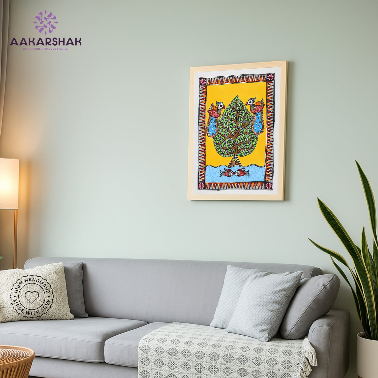 Madhubani wall art displayed in home interior – classic Indian folk painting
