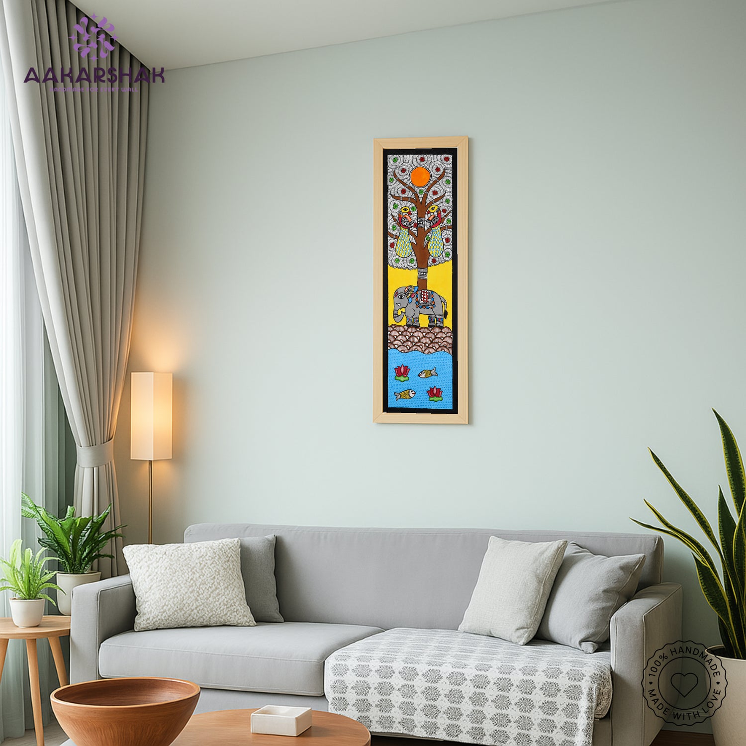 Madhubani wall art displayed in home interior – classic Indian folk painting
